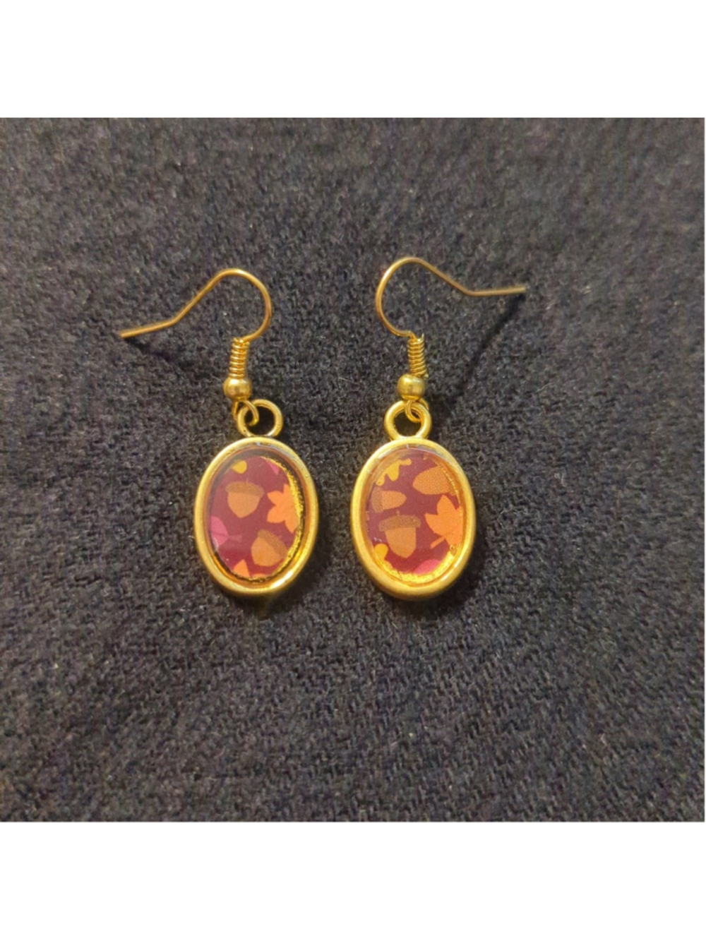 Gold Tone Burgundy Fall Acorn Leaf Design Dainty Drop Statement Earrings